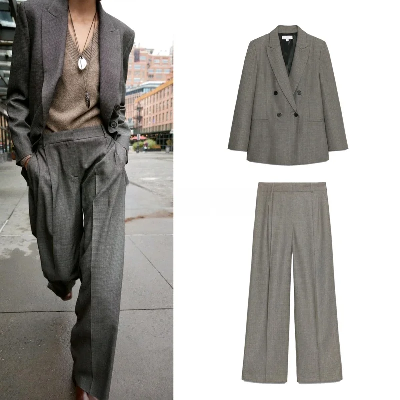 

Двубортный длинный свек с отложным воротником, плиссированные прямые брюки с высокой талией, женский костюм-джак и брюки...
