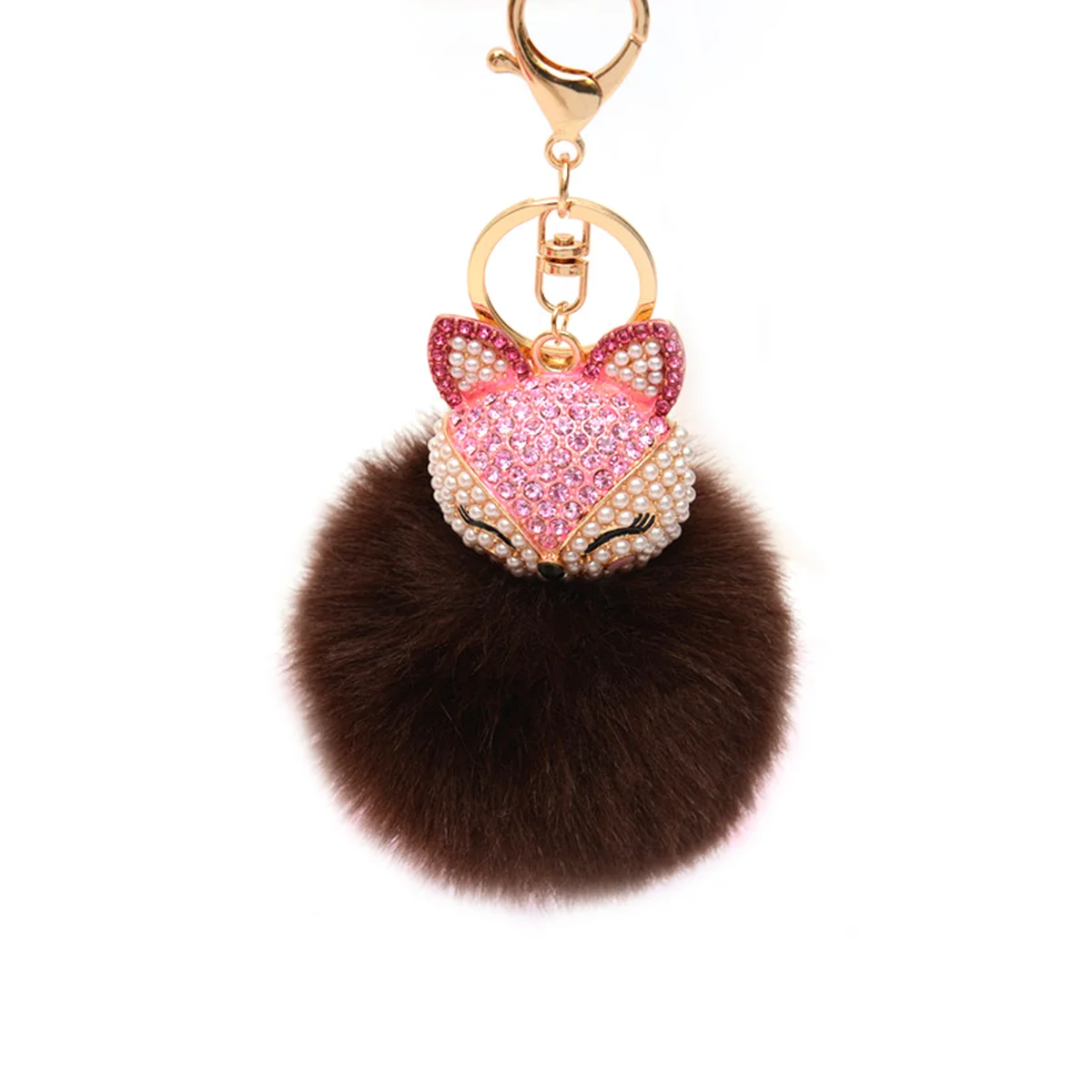 Fluffy Ball Keychain with Pearls Rhinestones Inlay Key Chain for Bag / Cellphone / Car Pendant (Dark Brown)