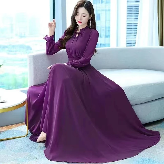 Solid Chiffon Long Sleeve Dress Women Evening Party Maxi Dresses 2024 New Spring Autumn Elegant Ladies Bohemian Beach Dress 4XL AliExpress