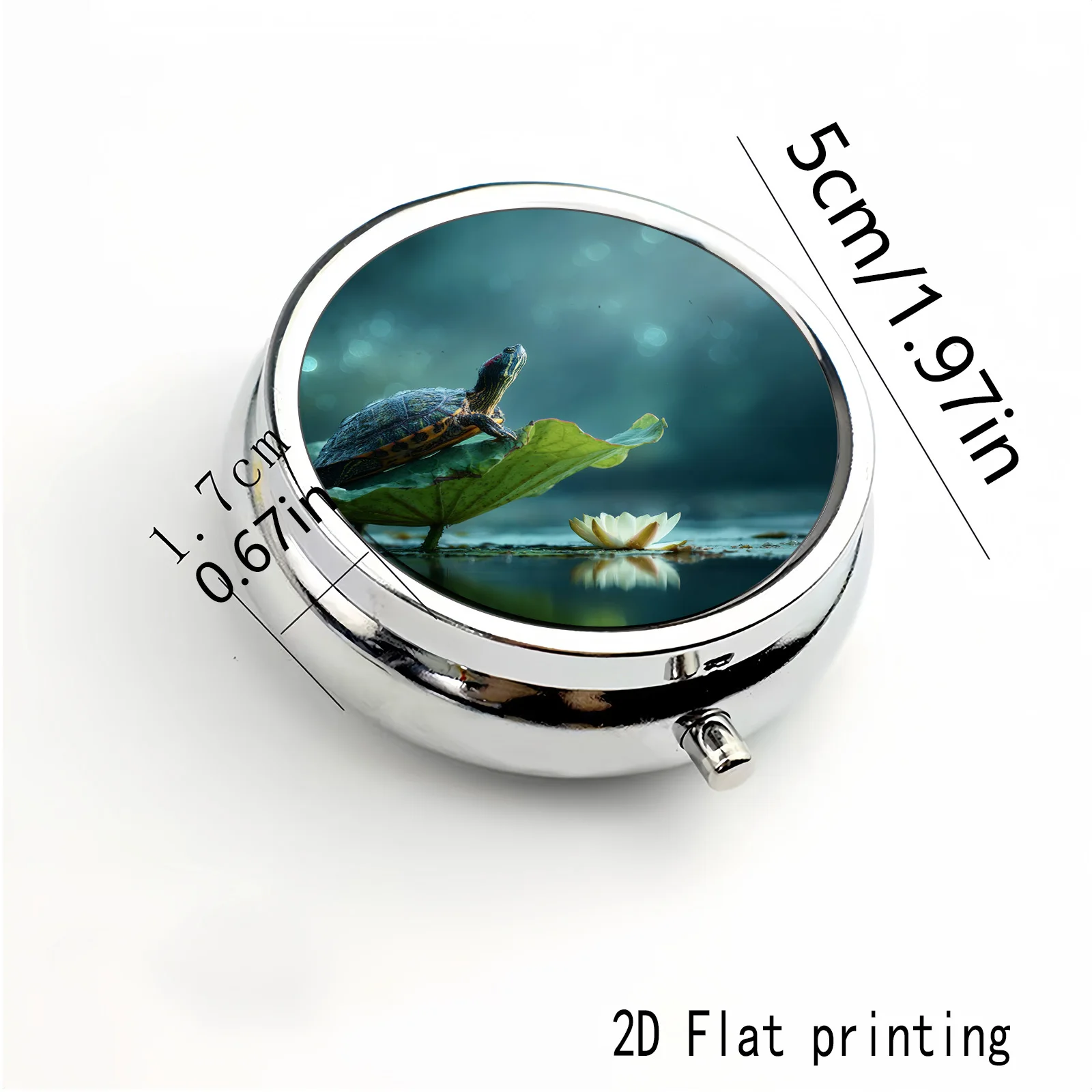 Pattern of Turtles Resting on White Lotus Flowers in a Tranquil Ecological Setting, Two Types of Small Pill Boxes Available: One with Three Compartments and One with Two Square Compartments, Portable Medicine Storage, Suitable for Handbags or Travel, Elegant Design, Polished Finish, Exclusive for Daily Medication Users.