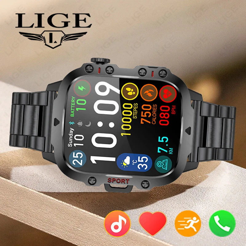 

LIGE 2026 Smart Watch Men Military IP68 3ATM Outdoor Sports Fitness Tracker Health Sleep Monitoring Bluetooth Call Smartwatch