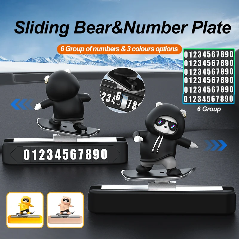 Upgraded Parking Number Plates Car Center Console Ornaments Mini Sliding Bear Car Decoration Interior Car Accessories