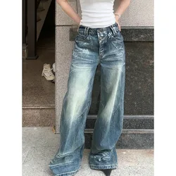 QWEEK-Jeans Baggy vintage para mulheres, rua alta, estilo americano, calças jeans de perna larga, cintura alta, calças estéticas Harajuku, Y2k, 2024