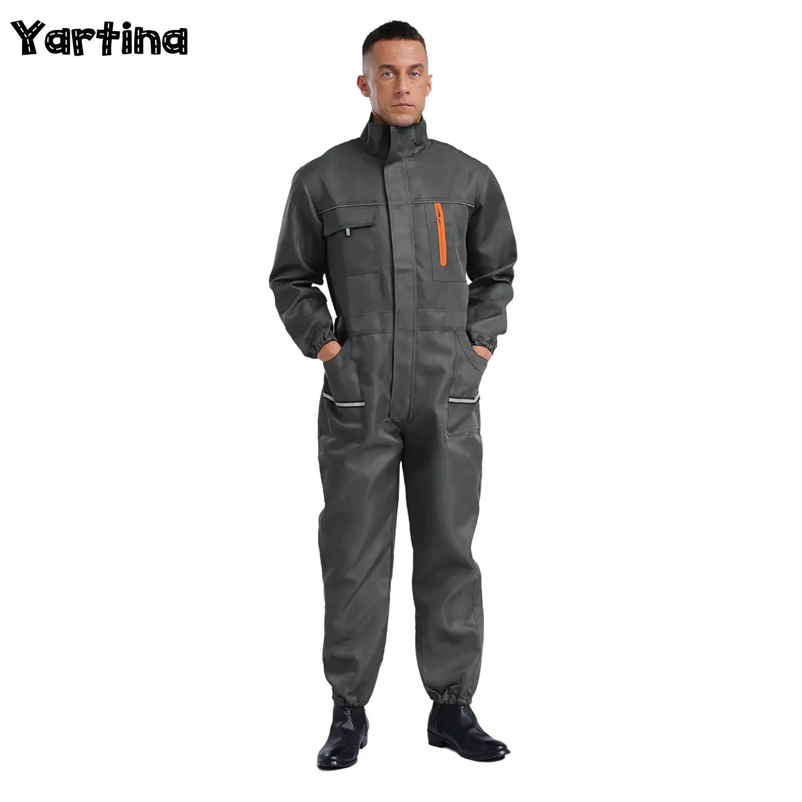 

Mens Adults Stripes Zipper Overall Jumpsuit Resistant Coveralls Stand Collar Long Sleeve Multi-pockets Reflective Work Uniforms