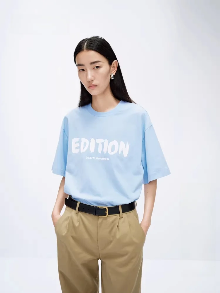 

Pure Cotton ort Sve T-irt Women's Spring New Artistic Letter Print Loose Fit round Ne Top EditionTee003 Cotton00