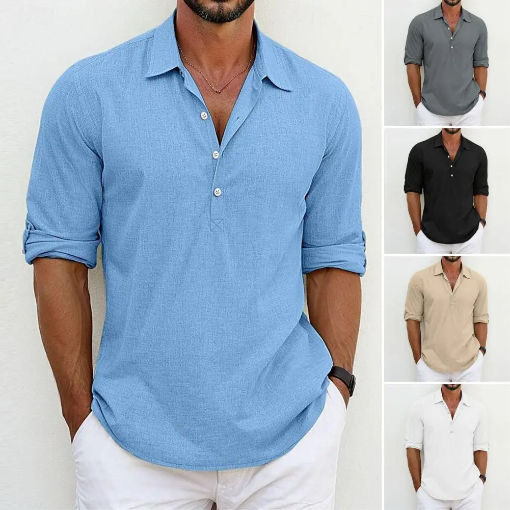 Front Button Men Shirt Loose Mid Length Men's Shirt Solid Color Half-open Collar Daily Wear Top Men Shirt