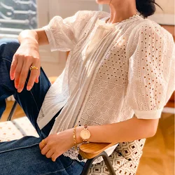 Embroidered Bohemian Women's  Casual Shirt 2024 Spring/Summer Vacation Hollow Out Ruffled Blouse Women Clothes