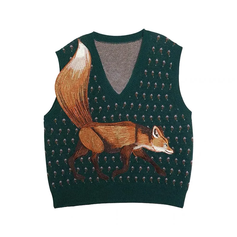 Spring Autumn Original Design Women All-match Cool Exquisite Cute Foxes Embroidered Loose Pullover Sweater Vests