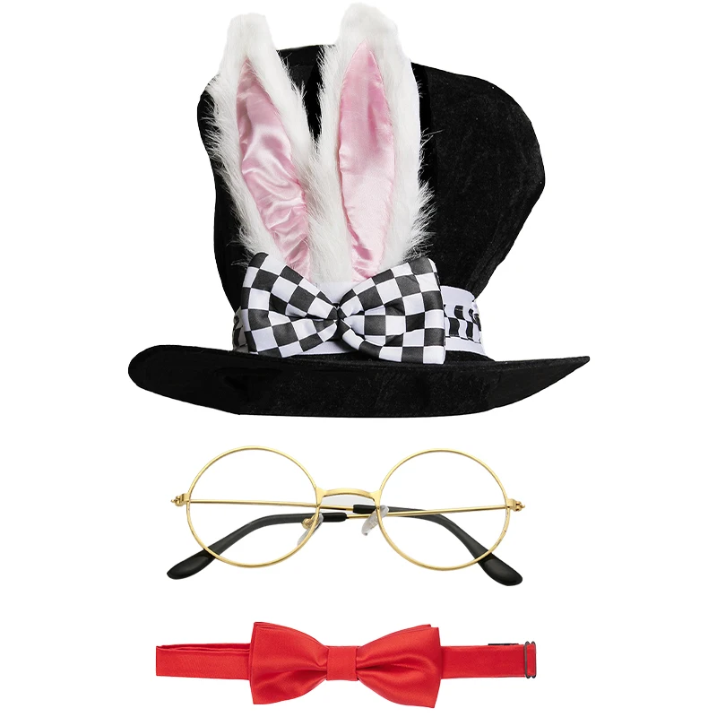PESENAR White Rabbit Costume Set Mad Hatter Hat Rabbits Ears Topper Plush Hat for Halloween Accessories Set