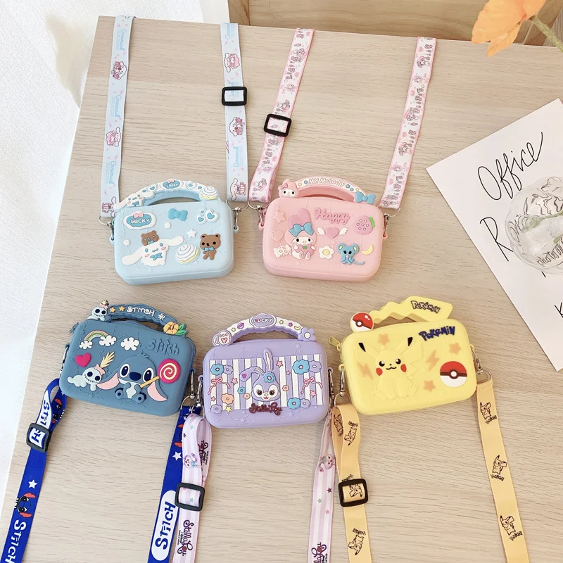 New Cartoon Silicone Bag Sanrio Pikachu Stitch Small Square Bag Crossbody bag Versatile Chain Kids Girl Coin Purse