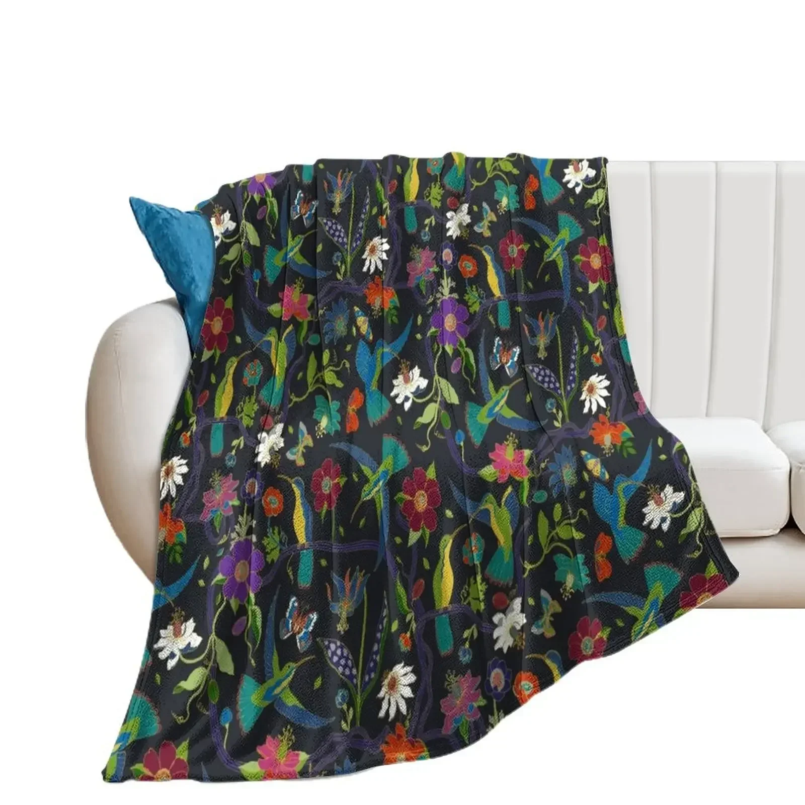 Hummingbirds and Passionflowers - Cloisonne on Black - pretty floral bird pattern by Cecca Designs Throw Blanket