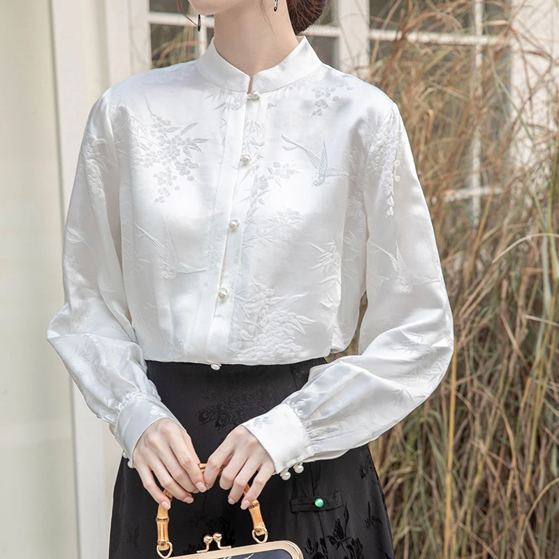 QOERLIN Spring Fall Chinese Style Silk White Shirt Women Stand Collar Long Sleeve Slim-Fit Casual Top Shirt Sleeve Blouse Female