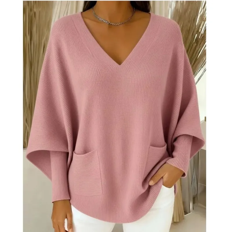 Simple Solid Knitted Sweater For Women Fashion V-neck Loose Bat Sleeve Pullover With Pocket Ladies Casual Versatile Streetwear 3