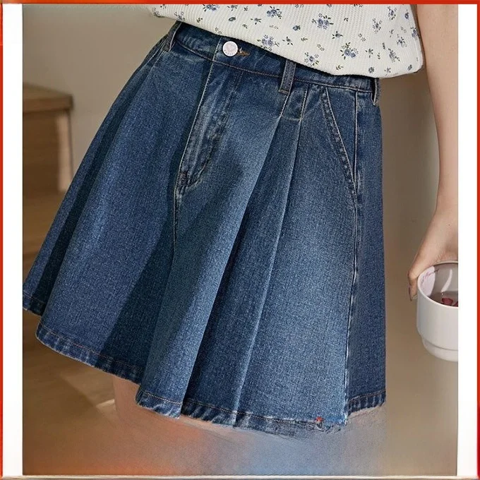 

Wide Color Retro High Waist Pleated Denim Skirt Pants Spring Summer New Women's Blue A-Line ort Pants Straight Leg Jeans