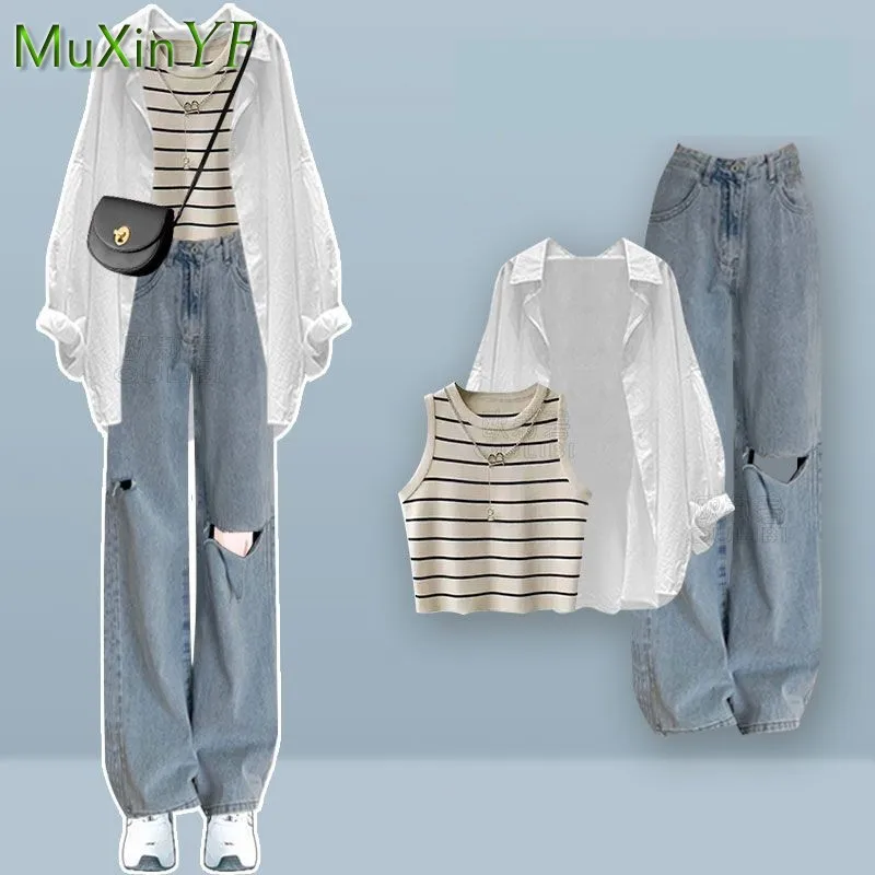 Women\'s Summer Suit 2023 New Casual Shirt Striped Vest Jeans Three Piece Korean Elegant Blouse Denim Trousers Matching Set