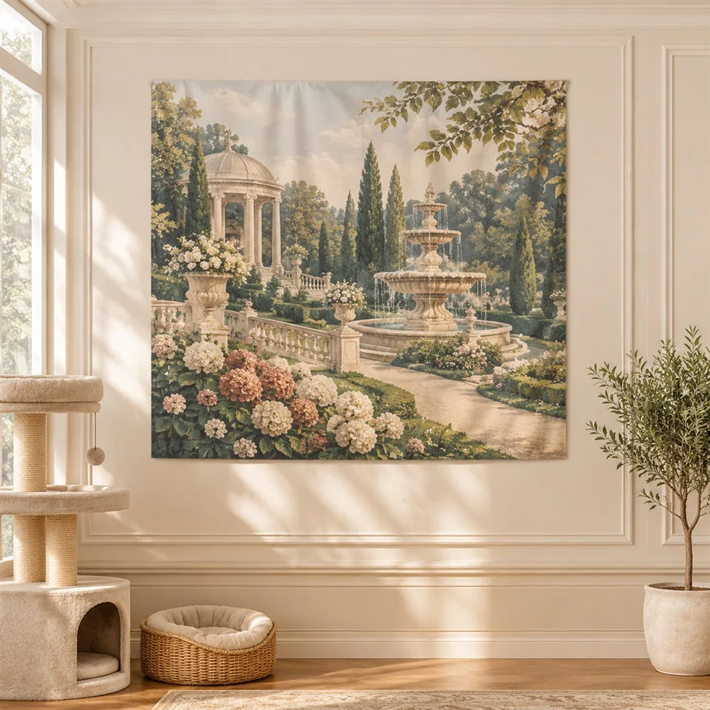 VIKAMA Formal Garden Fountain Diagonal Flow Tapestry Wall Hanging, Neoclassical Wall Decor Tapestries for Bathroom Bedroom