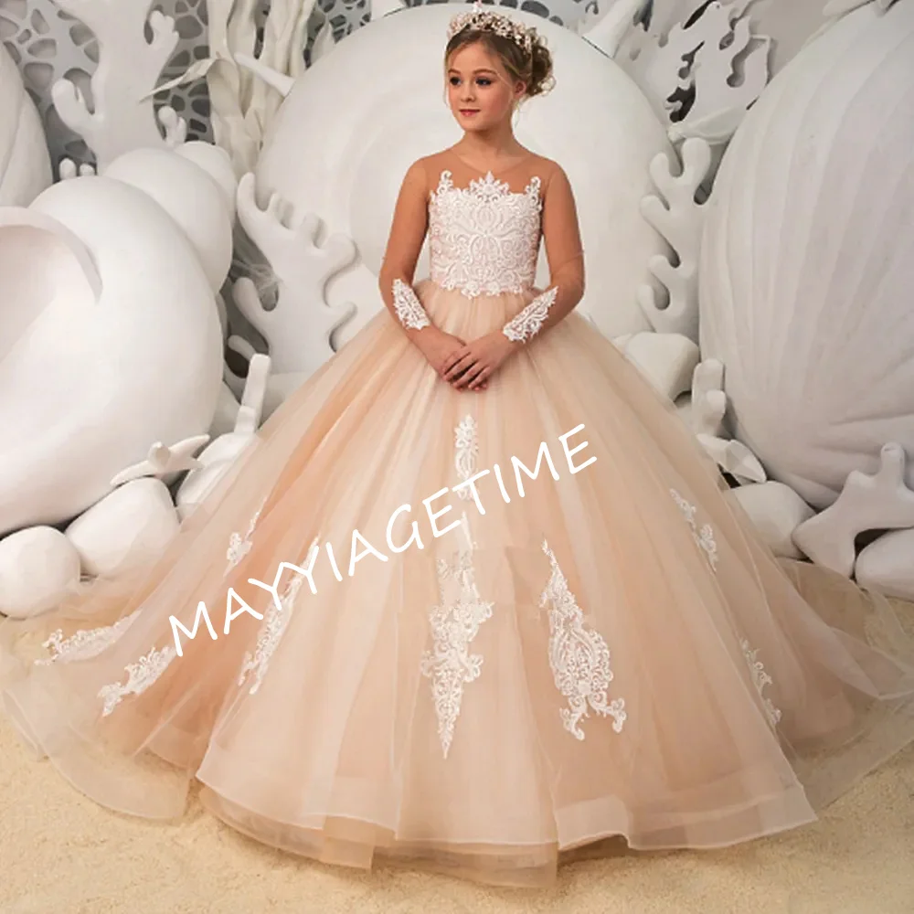 

Flower Girl Dresses Appliqué long Sleeves Wedding Butterfly Princess Lace Appliqued First Communion Customize Gown