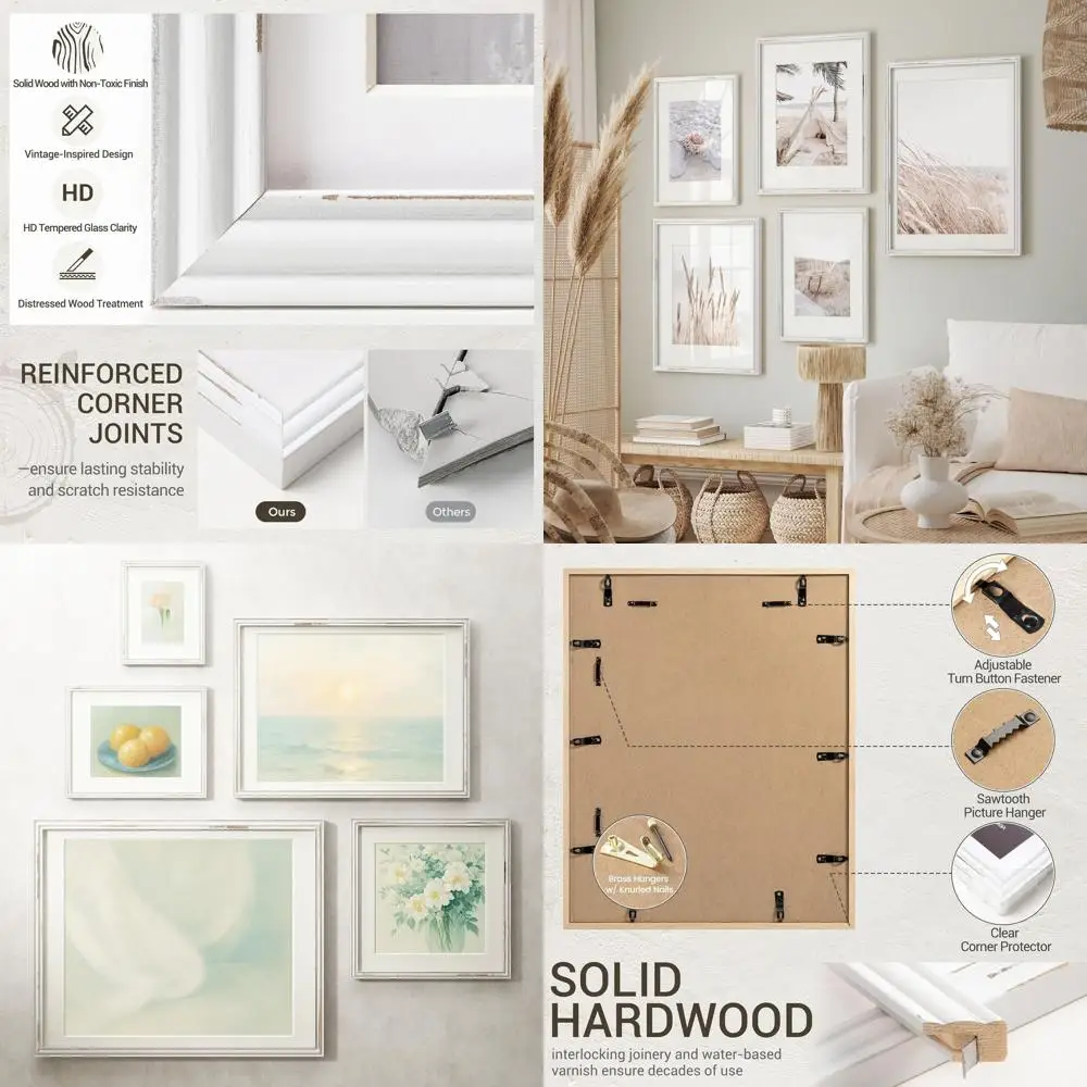 

Винтажная белая фоторамка в деревенском стиле 11x14 с подложкой, 16x20, закаленное стекло, для настенного/настольного использования, набор из 3 штук