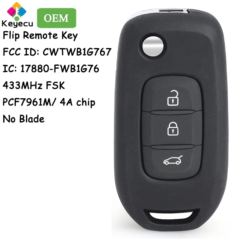 KEYECU OEM Flip Remote Key With 3 Buttons 433MHz 4A Chip for Renault Kadjar Captur Symbol Megane III for Dacia Fob CWTWB1G767