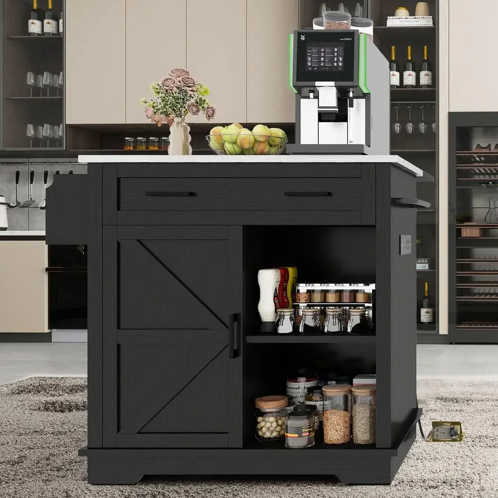 Kitchen Drop Leaf Storage Cart Stainless Steel Countertop USB Ports AC Outlets Wheels Kitchen Island Table Storage Cabinet Black