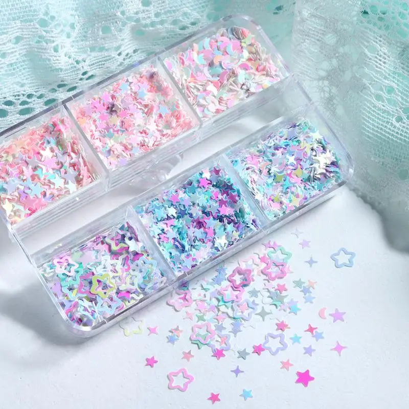 Glitter 3D em Formato de Estrela e Meia Lua para Unhas, Decorações Holográficas Brilhantes para Esmalte em Gel, Kit DIY de Manicure