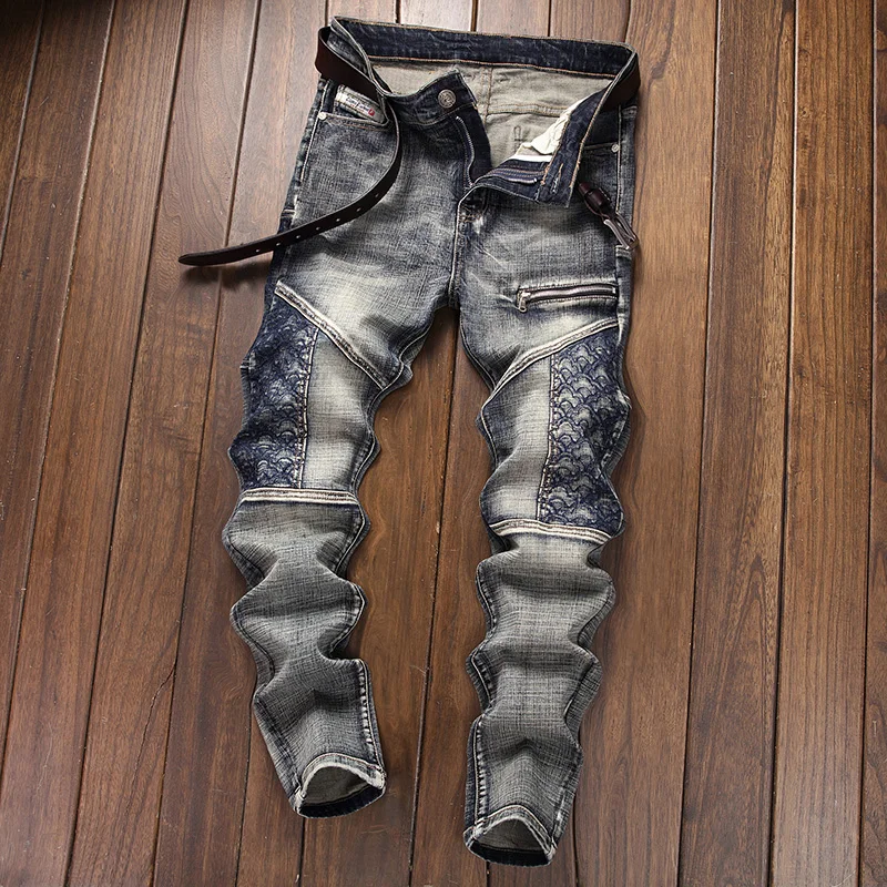Jesienne, postarzane jeansy motocyklowe w stylu vintage dla mężczyzn, modna marka, haftowane łączenia, dopasowany krój, wąskie nogawki.