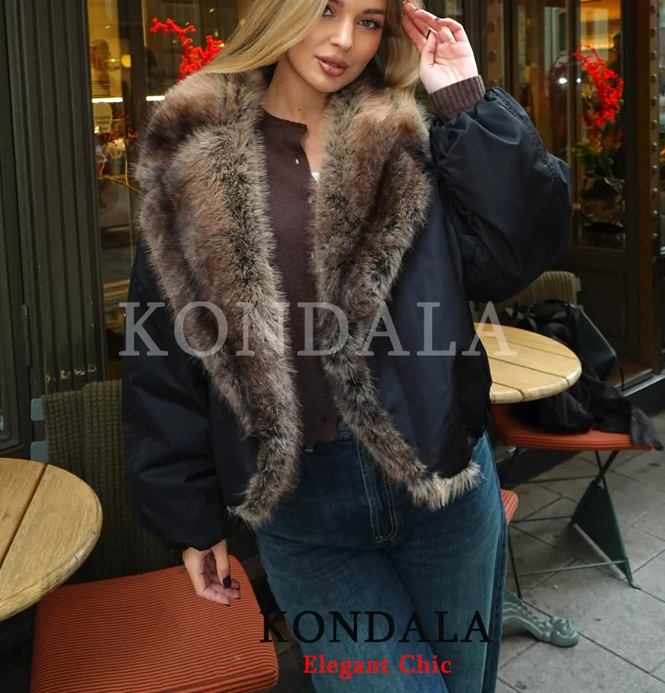 KONDALA Lady Trendy Bomber Jacket Faux Fur Lapel Loose Tomboy Jacket 2026 Spring Fashion Streetwear Outing Cool Pilot Jacket
