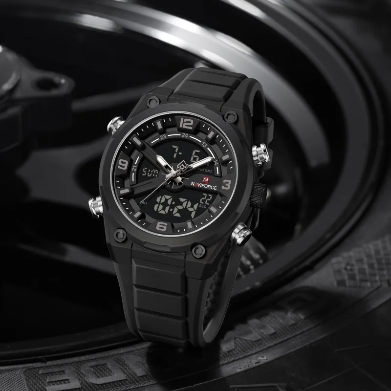 NAVIFORCE Men Dual Display Sport Watch 3ATM Waterproof Silicone Strap Quartz Luminous Date Week Male Clock Wristwatch Gifts box