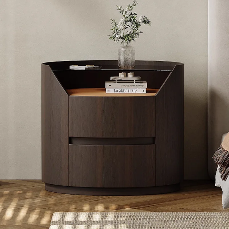 Italian minimalist solid wood bedside table high-end saddle skin smoked wood leather glass oval designer storage bedside table