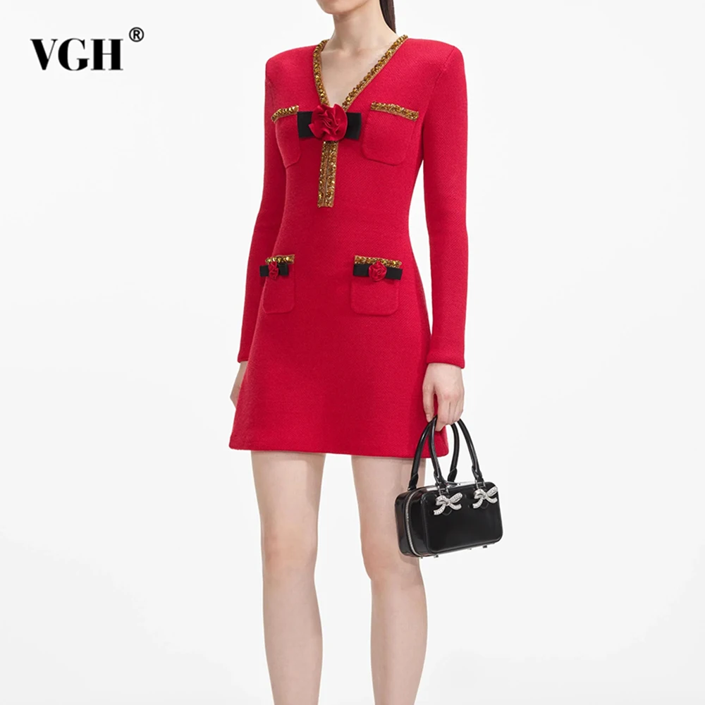

VGH Solid Slimming Soliced Appliques Dresses For Women V Neck Long Sleeve High Waist Patchwoek Pocket Mini Retro Dress Female