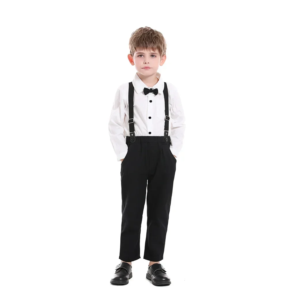 70-130cm Boy\'s Shirt-pant Set Black And White 2024 Autumn New Cotton Long-sleeved Shirt,Strap Pants Boy\'s Autumn Clothing