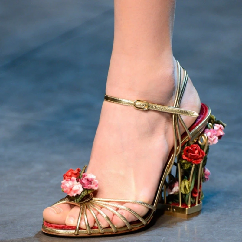 

Retro Birdcage Applique Embroidery Sandals Flower Heels Golden Leather Velvet Patchwork Strappy Sandals Wedding Dress Shoes