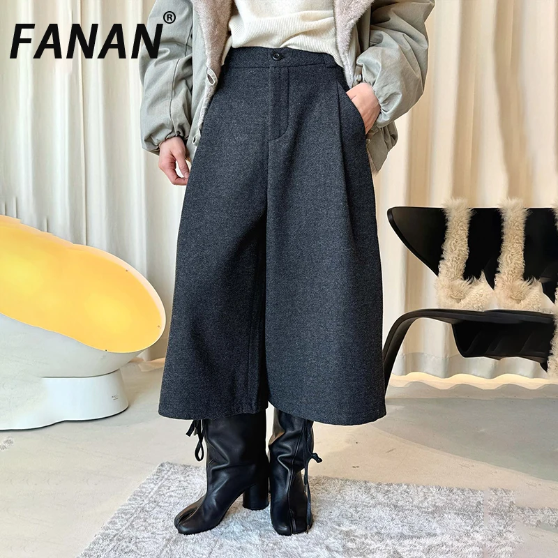 

FANAN Минимализм Толстые теплые шерстяные брюки для женщин Прямые широкие брюки с высокой талией для офиса Женские зимние новые брюки
