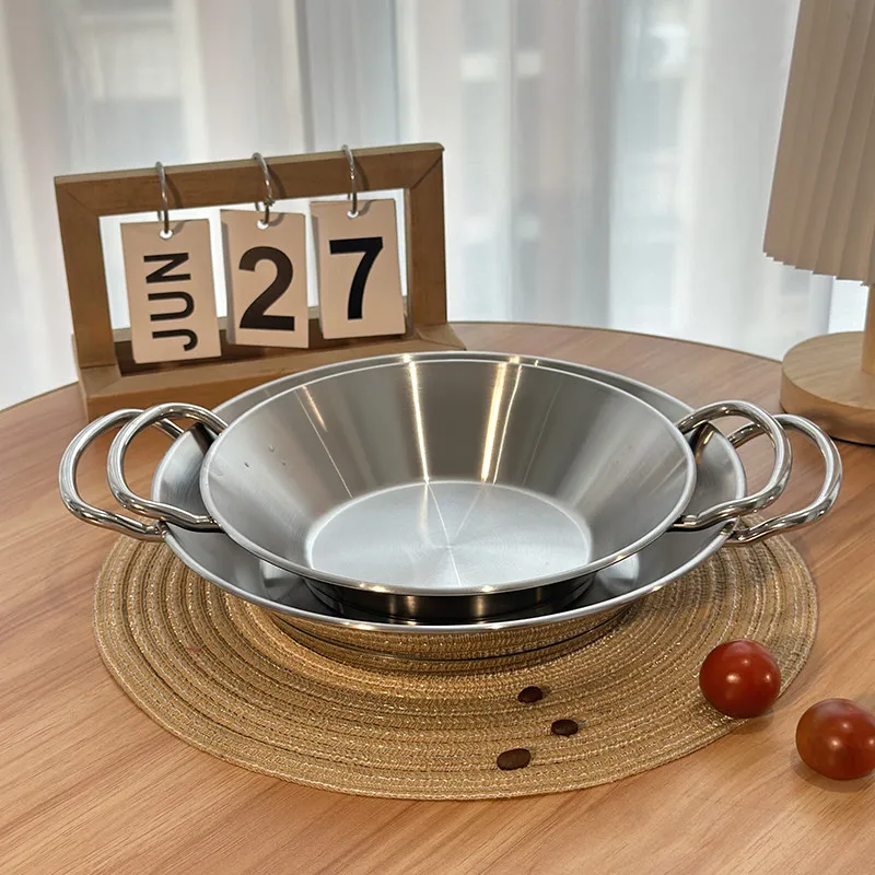 Wok de acero inoxidable de primera calidad, sartén antiadherente para cocina, olla plana gruesa con asas dobles, utensilios de cocina con revestimiento fácil de limpiar