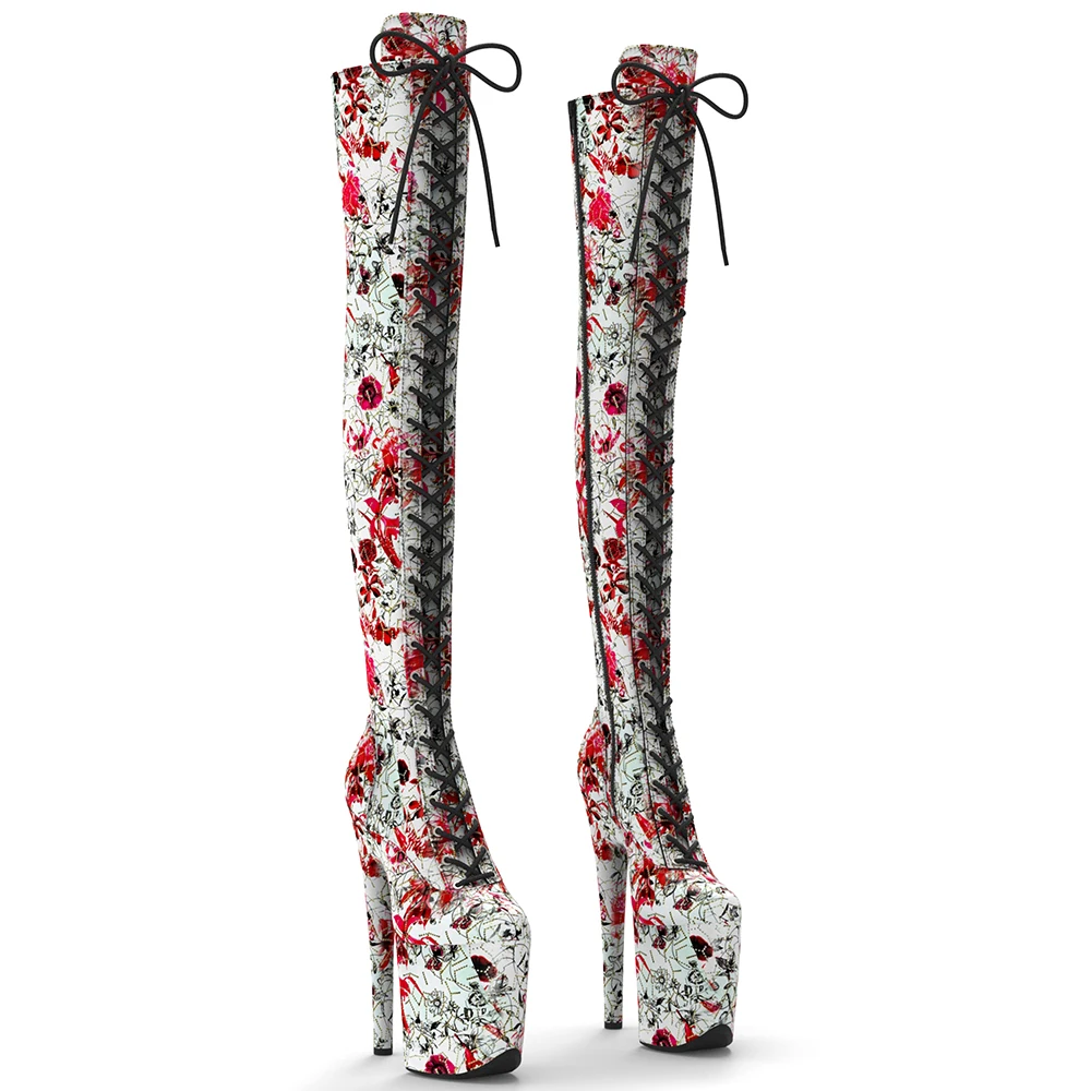 Leecabe 20cm/8inches Sexy Trend Fashion Exotic Flower Pattern Women High Heel Platform Thigh High Boots Pole Dancing Boots