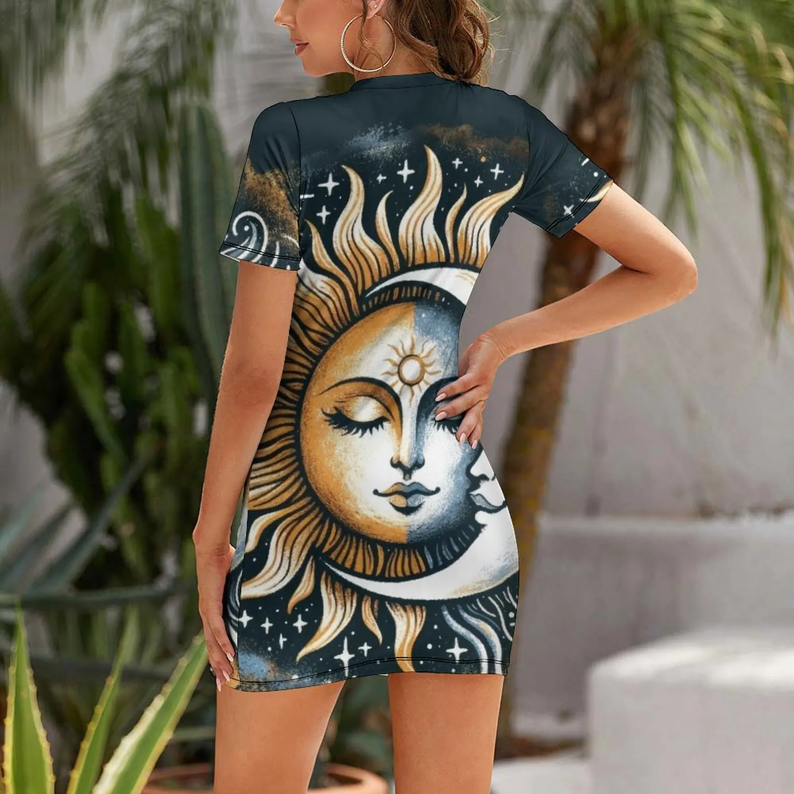 Vintage Sun and Moon Solar Eclipse Short Sleeved Dress summer dresses for women 2025 Dress vintage Dress