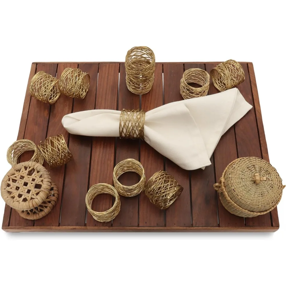 Golden Round Mesh Napkin Rings - Set of 12 for Weddings Dinner Parties or Every Day Use