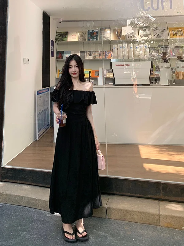 

plus Size Women's Short Sleeve Dress Summer New Waist Cinching Slimming Design One Shoulder Black Dress Korean Style Commute