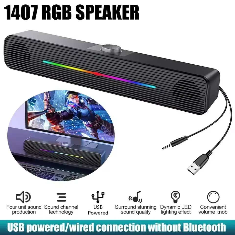 

HiFi Stereo Subwoofer Dual Speaker Card Wired Audio Large Volume Computer Sound Blaster Colorful Sound Bar Speaker