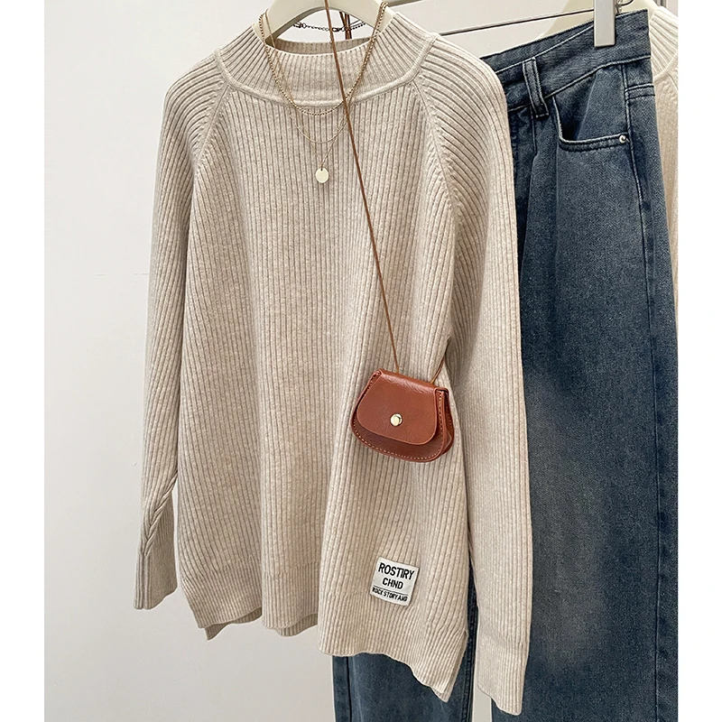 Plus Size Chubby Girl Solid Color Half High Neck Long Sleeve Knitted Sweater 2024 Autumn Winter Lazy Style Wygodny top damski