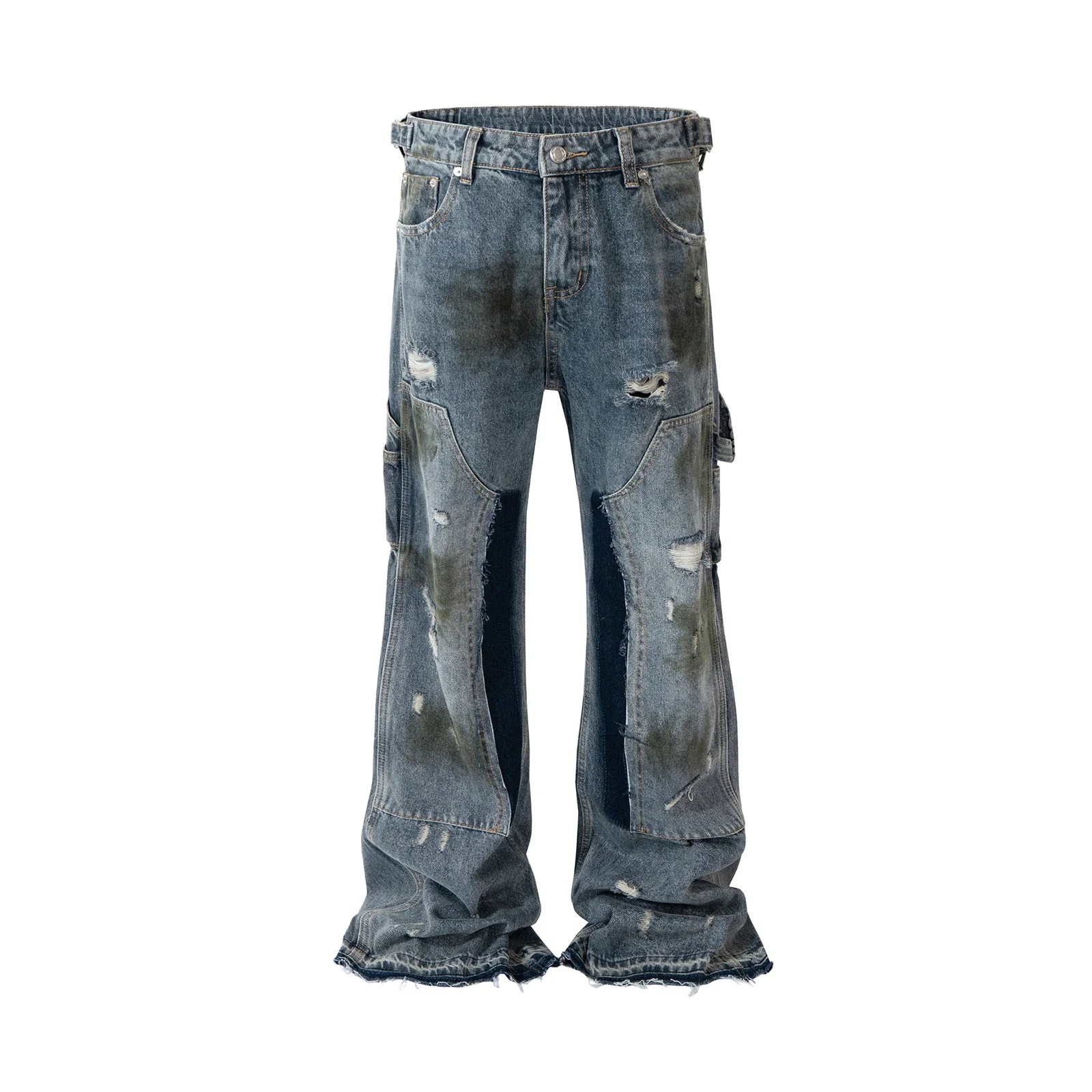 

Streetwear Handmade Mud Dyed Dirty Blue Baggy Jeans for Men Distressed Hole Casual Patchwork Denim Trousers Oversized