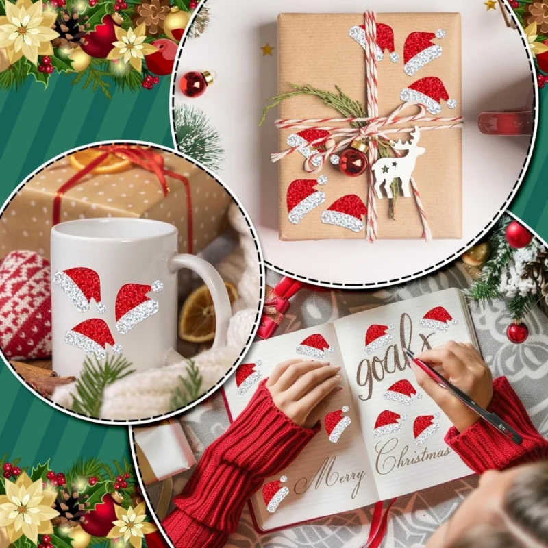500pcs Christmas Hat Stickers Cartoon Laser Gift Packaging Box Decoration Stickers Labels Envelope Gift Bag Sealing Sticker