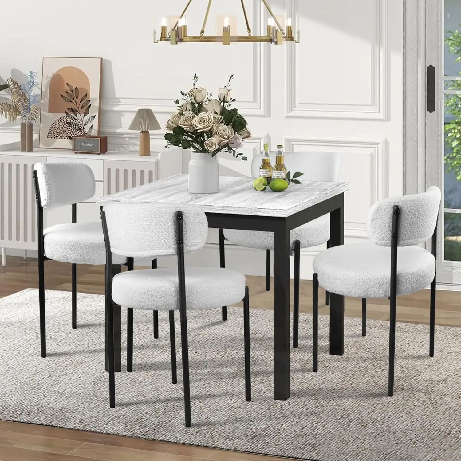 

Dining Chairs Set of 4, Assembled Modern Style Dinning Chair with Round Upholstered & Black Metal Legs