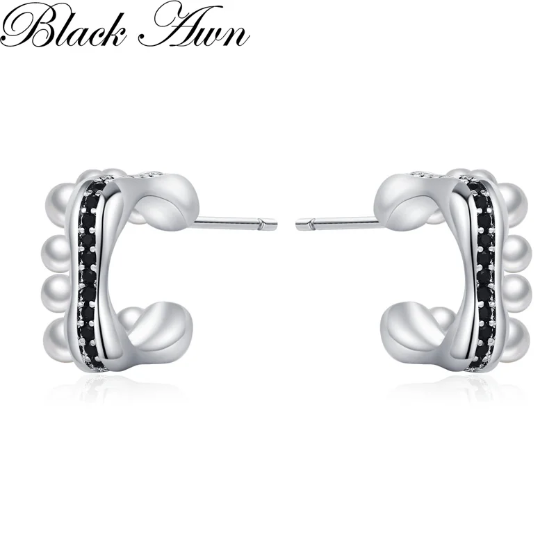 Black Awn Classic Silver Color Round Black Trendy Spinel Engagement Hoop Earrings for Women Jewelry Bijoux I314