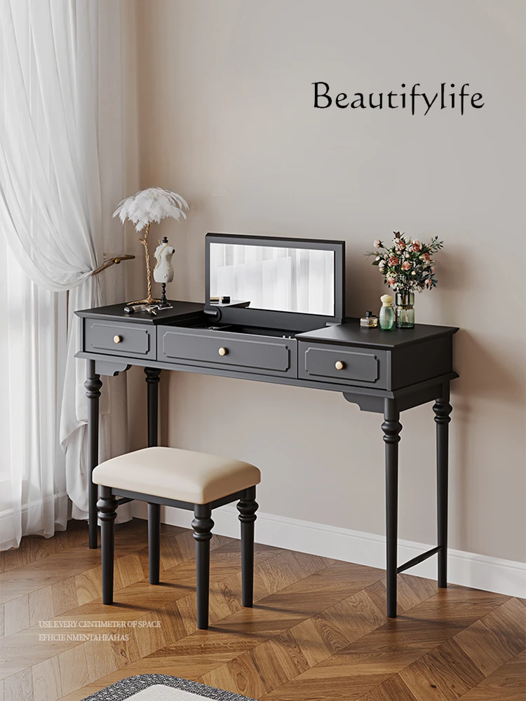 American-Style Retro Flip Dressing Table with Hidden Mirror