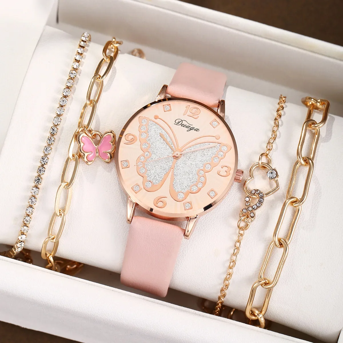 

Женские кварцевые часы с бабочкой и бриллиантовым циферблатом, модные повседневные + комплект браслетов-бабочек, кварцевые женские наручные часы со стразами