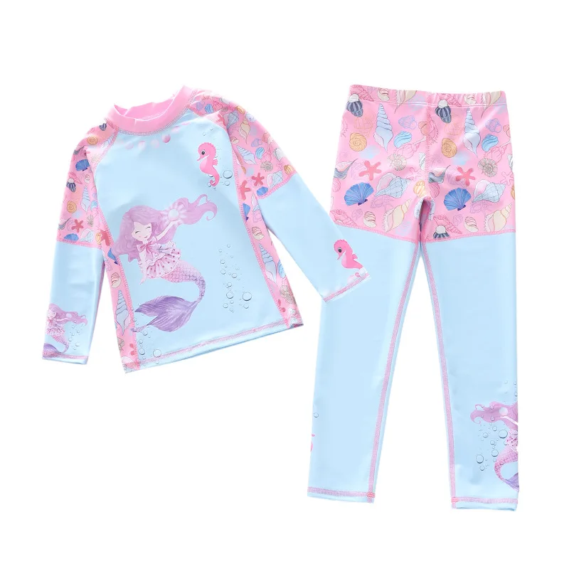 HappyFlute New Two Piece Sets Long Sleeves Design Unicorn &Mermaid Print Vacation Sunscreen&Quick-drying Girls Swimsuit