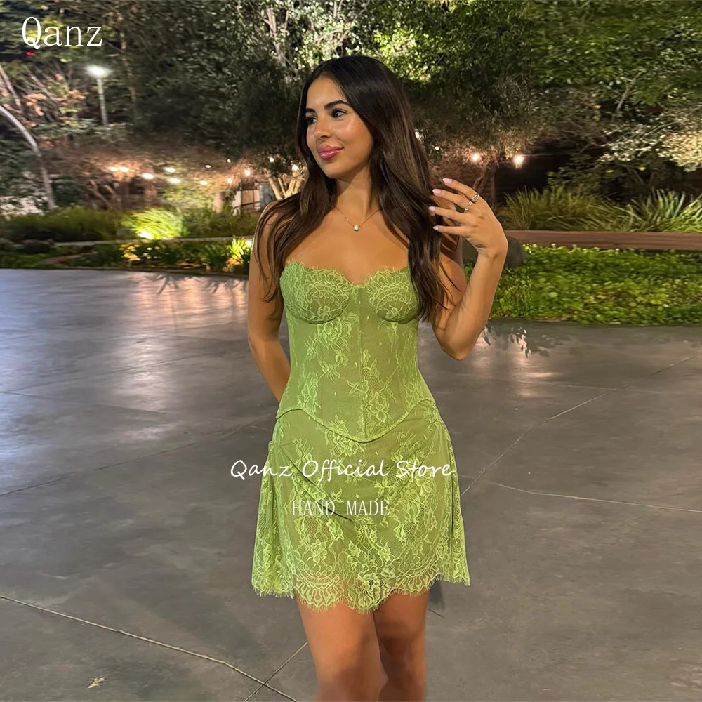 

Qanz Mustard Green Sweetheart Prom Dresses Mini Dress Party Night Full Lace Appliques Illusion Vestidos De Festa Customized