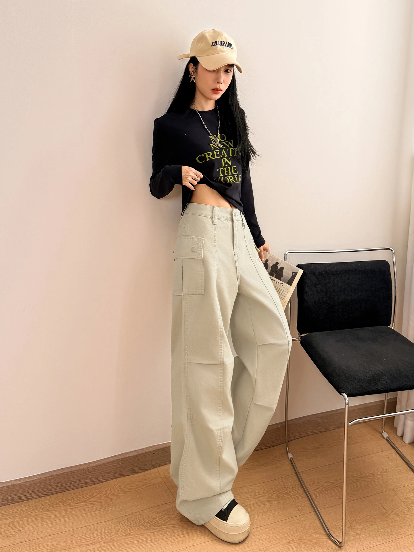 High Waist Straight Leg Casual Pants Women's Multi Pocket Wide Leg Jeans American Style Summer Workwear Slimming Card Khaki