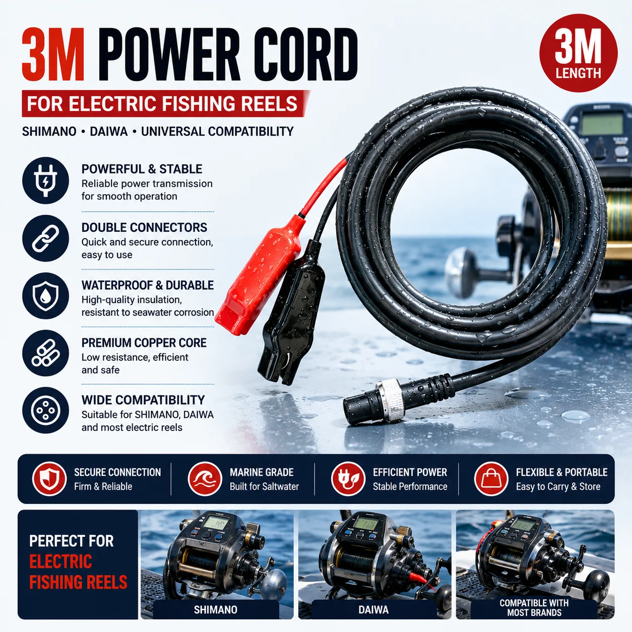 Electric Fishing Reel - Przewód zasilający 3M do SHIMANO DAIWA,